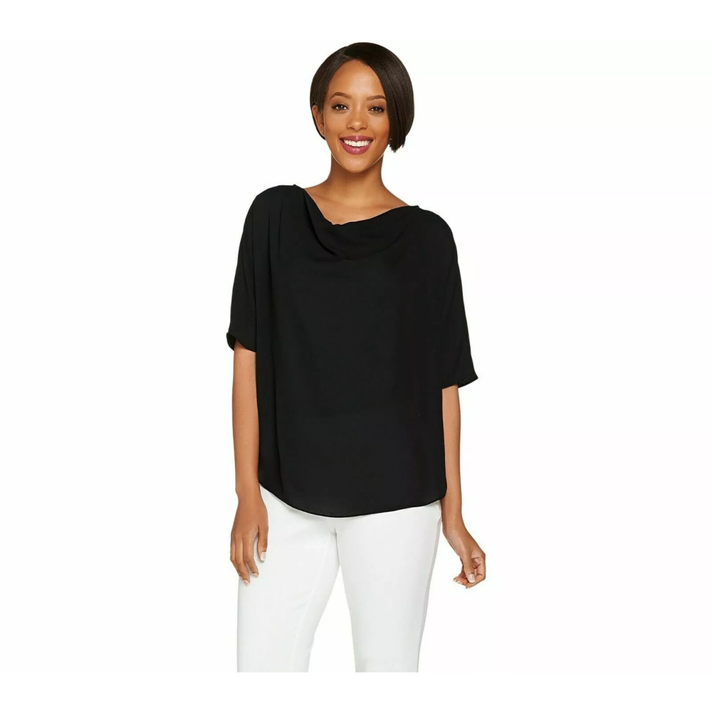 H by Halston Black Short Sleeve Cowl Neck Washable Crepe Top XS NEW